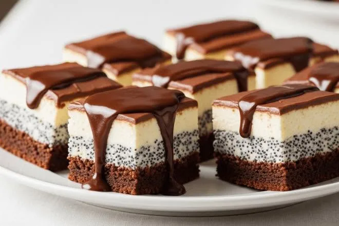 Slices of layered poppy-seed cake with chocolate topping, on a white plate.