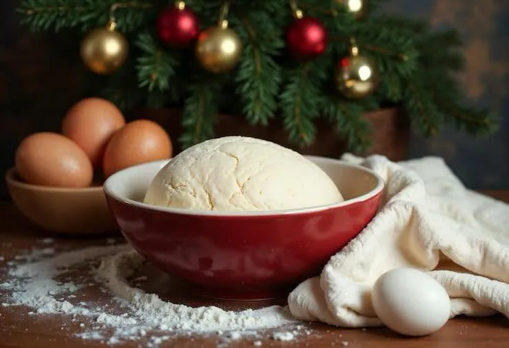 A ball of dough in a red bowl, with eggs and a floured cloth in front of a decorated tree.