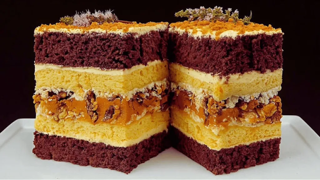 A slice of layered sponge cake with cream and nuts.