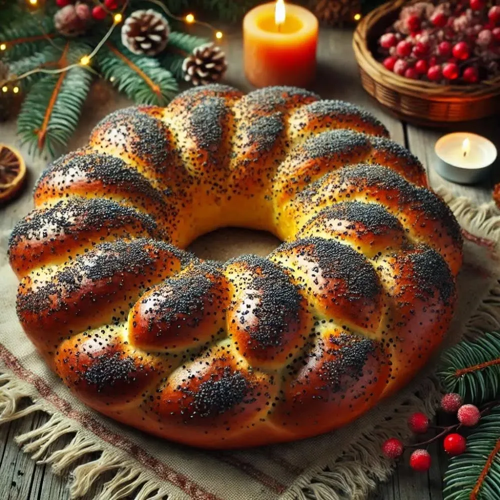 A round plaited loaf topped with poppy seeds, on a woven cloth with pine sprigs and candles.