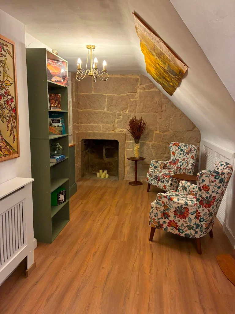 The library's reading room: fitted green shelves either side of a stone fireplace, a floral wing chair, and a brass chandelier under the sloped ceiling.