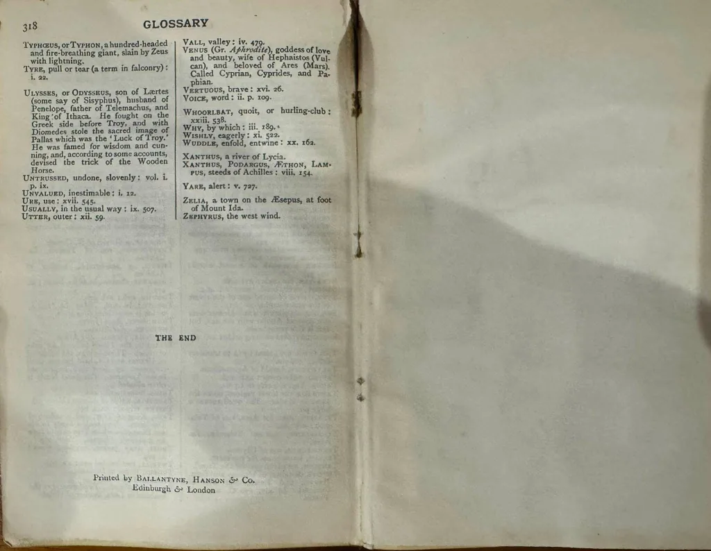 A book lying open at the last page of its glossary.