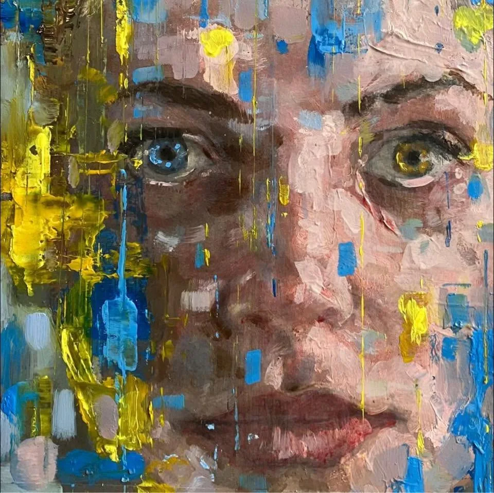 Oil portrait painted in the Club art class, blue and yellow palette knife strokes
